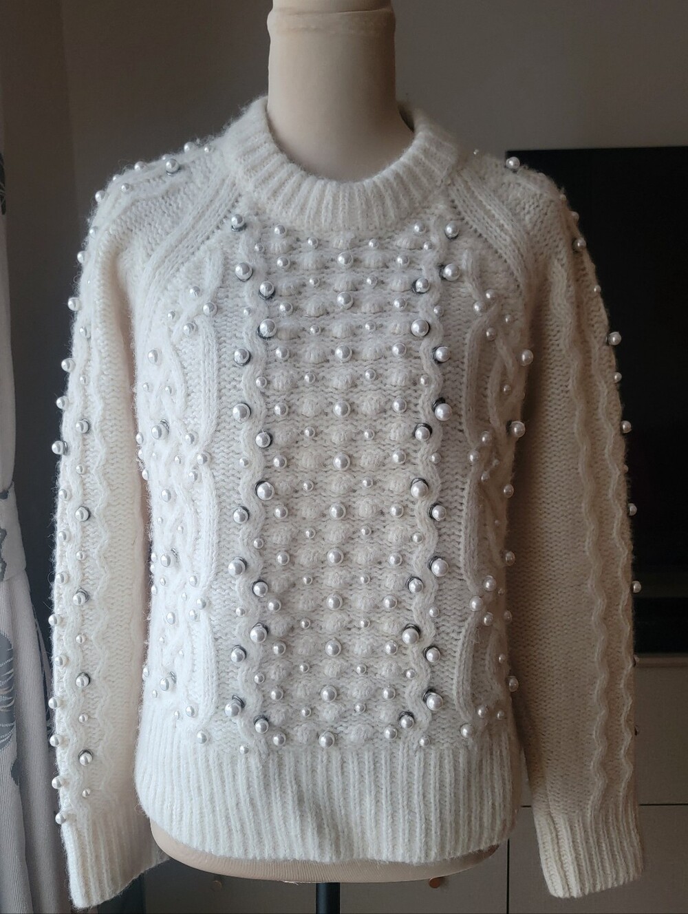 RAG & BONE Ivory Jemima Pearl Embellished Merino Wool Alpaca Cable Sweater S
